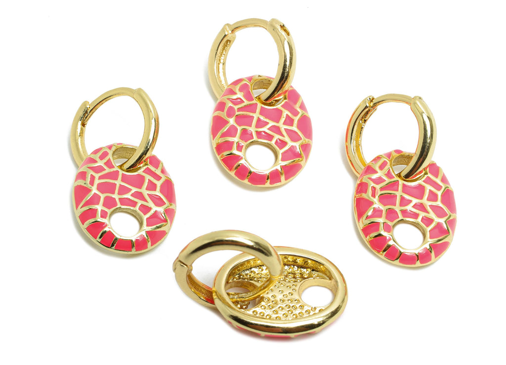 Gold Dangle Hoop Clasp - Pink Enamel Colorful Earring - Modern Brass Huggie Hoop Clasp - 18K Real Gold Plated - 22.25x11.66x2.96mm - RGP9782 - DOMEDBAZAAR