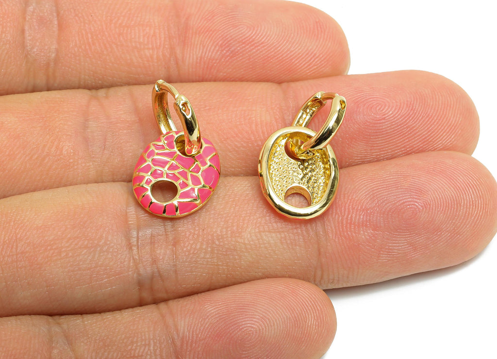 Gold Dangle Hoop Clasp - Pink Enamel Colorful Earring - Modern Brass Huggie Hoop Clasp - 18K Real Gold Plated - 22.25x11.66x2.96mm - RGP9782 - DOMEDBAZAAR
