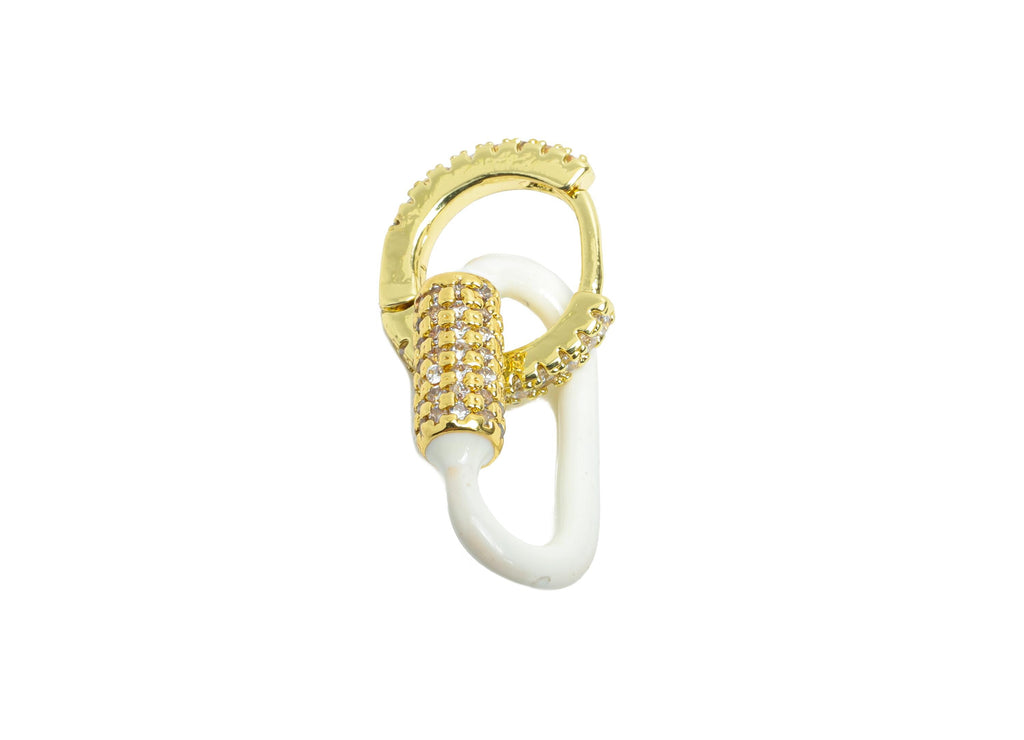 Gold Dangle CZ Hoop Clasp - White Enamel Oval Earring - Refined Brass Huggie Hoop Clasp - 18K Real Gold Plated - 24.51x11.7x3.85mm - RGP9783 - DOMEDBAZAAR