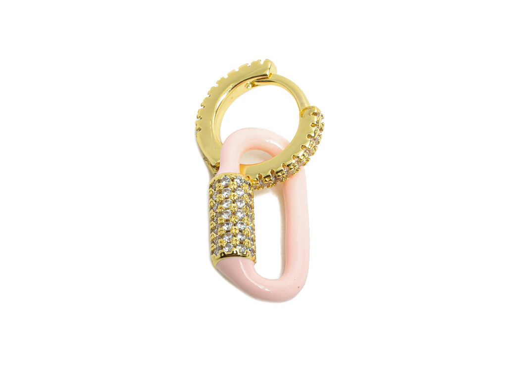 Gold Dangle CZ Hoop Clasp - Pink Enamel Oval Earring - Refined Brass Huggie Hoop Clasp - 18K Real Gold Plated - 24.51x11.7x3.85mm - RGP9784 - DOMEDBAZAAR