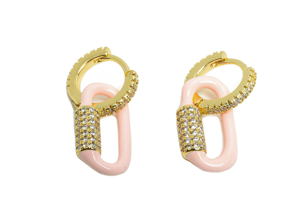 Gold Dangle CZ Hoop Clasp - Pink Enamel Oval Earring - Refined Brass Huggie Hoop Clasp - 18K Real Gold Plated - 24.51x11.7x3.85mm - RGP9784 - DOMEDBAZAAR