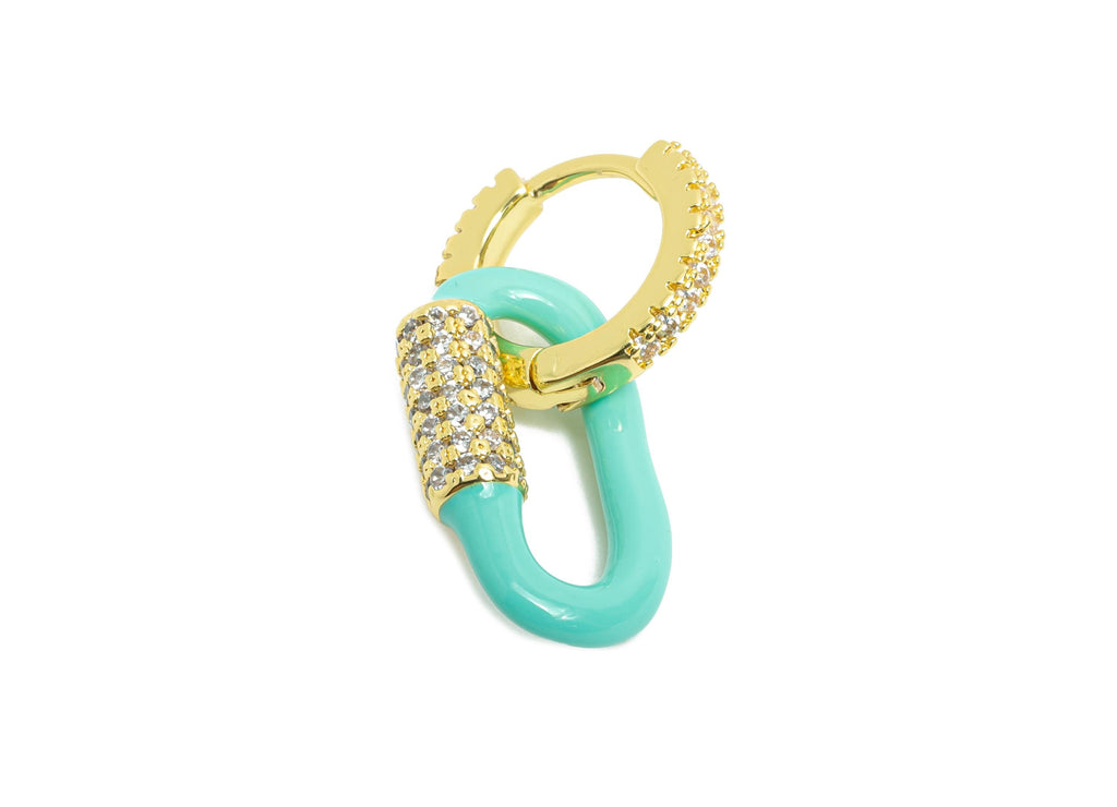 Gold Dangle CZ Hoop Clasp - Blue Enamel Oval Earring - Refined Brass Huggie Hoop Clasp - 18K Real Gold Plated - 24.51x11.7x3.85mm - RGP9786 - DOMEDBAZAAR