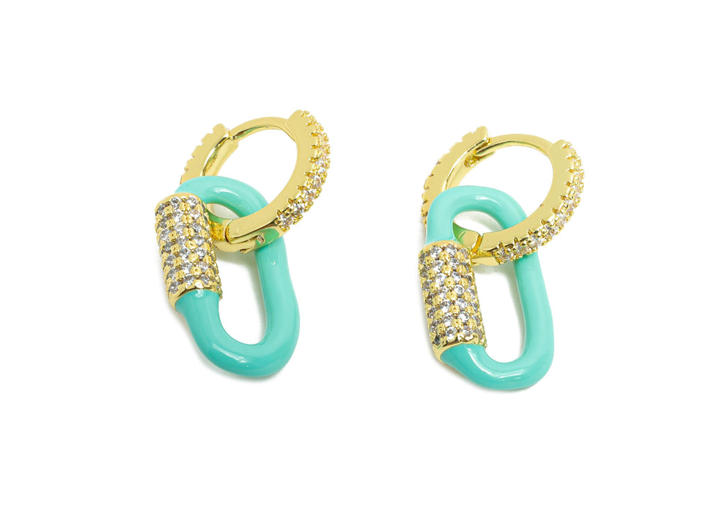 Gold Dangle CZ Hoop Clasp - Blue Enamel Oval Earring - Refined Brass Huggie Hoop Clasp - 18K Real Gold Plated - 24.51x11.7x3.85mm - RGP9786 - DOMEDBAZAAR
