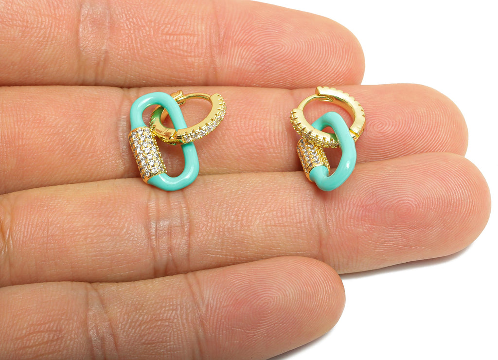 Gold Dangle CZ Hoop Clasp - Blue Enamel Oval Earring - Refined Brass Huggie Hoop Clasp - 18K Real Gold Plated - 24.51x11.7x3.85mm - RGP9786 - DOMEDBAZAAR