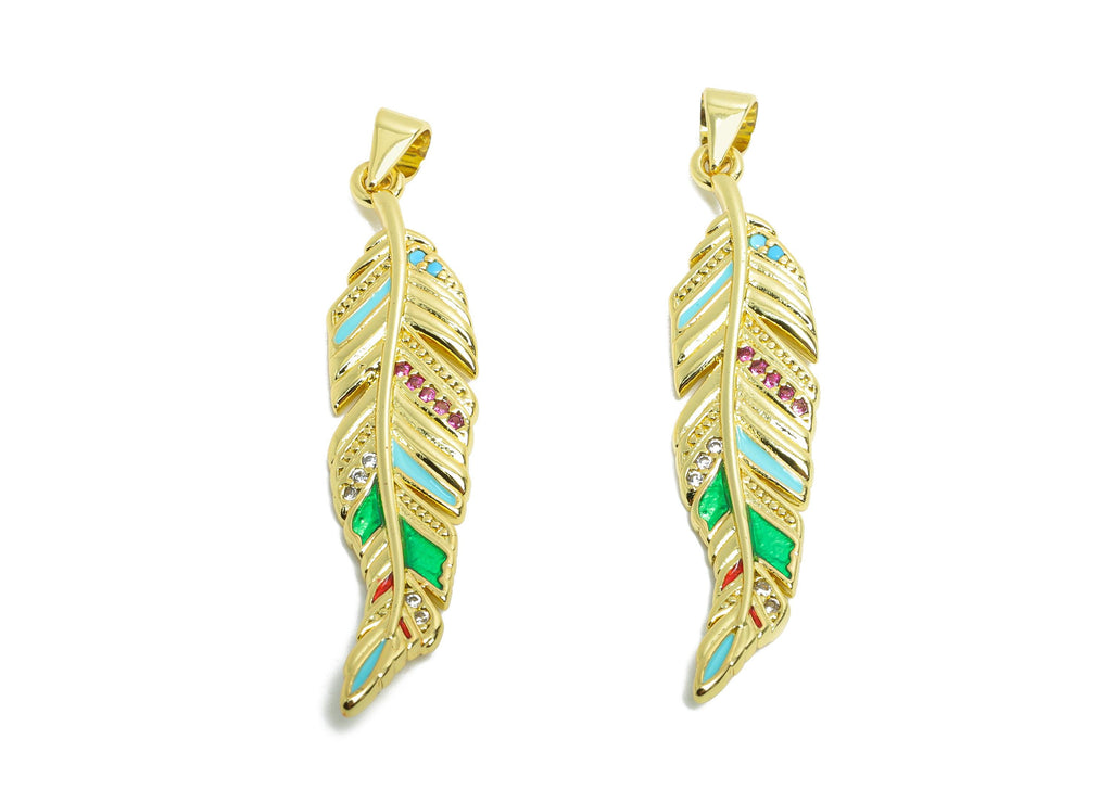 Brass Feather Pendant - Textured CZ Enamel Pendant for Necklace - Refined Gold Jewelry - 18K Real Gold Plated - 40.74x9.56x2.64mm - RGP9732 - DOMEDBAZAAR