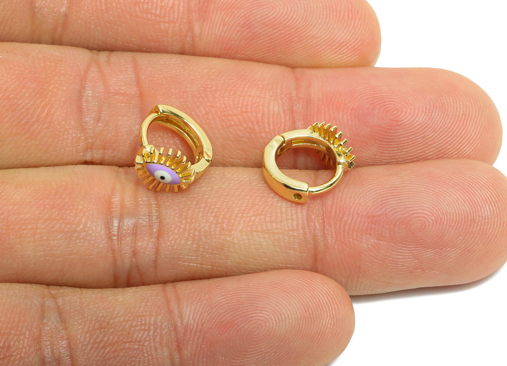 Brass Sunburst Huggie Hoop - Enamel Hoop Clasp - Modern Eye-Catching Protection Symbol Jewelry - 18K Real Gold Plated - 11x10x7mm - RGP9751 - DOMEDBAZAAR