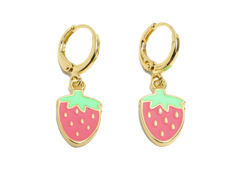 Brass Strawberry Hoop - Colorful Enamel Lever back Hoop - Gold Cute Dangle Earring Hoop - 18K Real Gold Plated - 31x10x1.6mm - RGP9804 - DOMEDBAZAAR