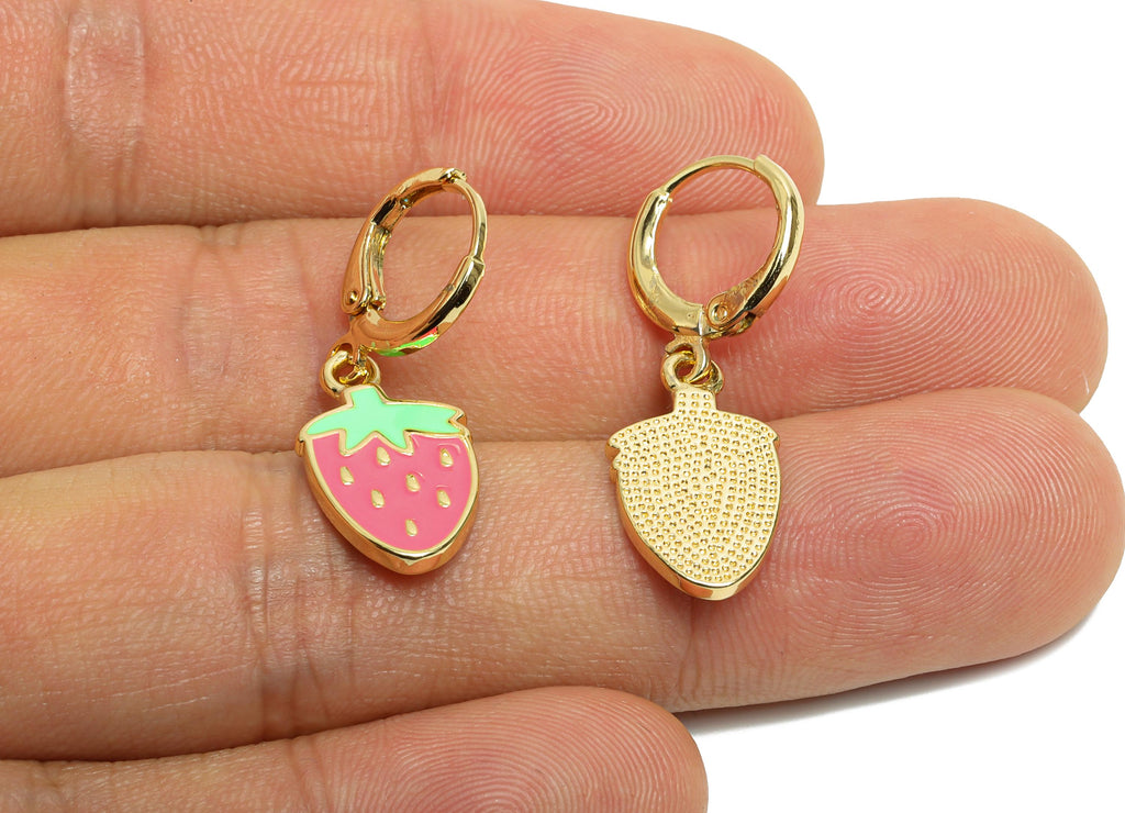 Brass Strawberry Hoop - Colorful Enamel Lever back Hoop - Gold Cute Dangle Earring Hoop - 18K Real Gold Plated - 31x10x1.6mm - RGP9804 - DOMEDBAZAAR