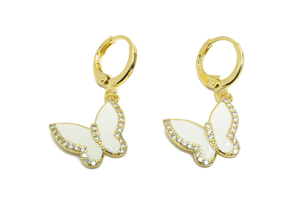 Brass White Butterfly Hoop - Zircon Enamel Lever back Hoop - Gold Insect Dangle Earring Hoop - 18K Real Gold Plated - 31x17x2mm - RGP9789 - DOMEDBAZAAR