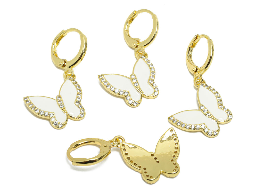 Brass White Butterfly Hoop - Zircon Enamel Lever back Hoop - Gold Insect Dangle Earring Hoop - 18K Real Gold Plated - 31x17x2mm - RGP9789 - DOMEDBAZAAR