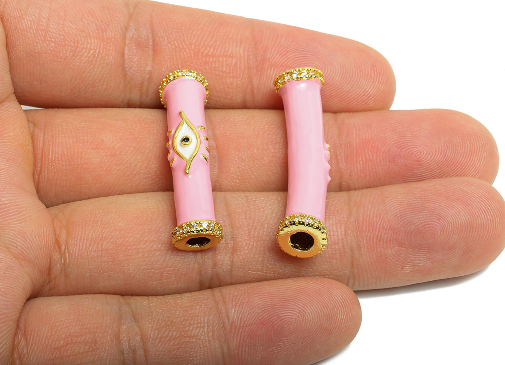 Handmade Bracelet Bead - Gold Enamel Eye CZ Curved Spacer Tube - DIY Jewelry Accessories - 18K Real Gold Plated - 34.01x8.54x6.54mm- RGP9733 - DOMEDBAZAAR