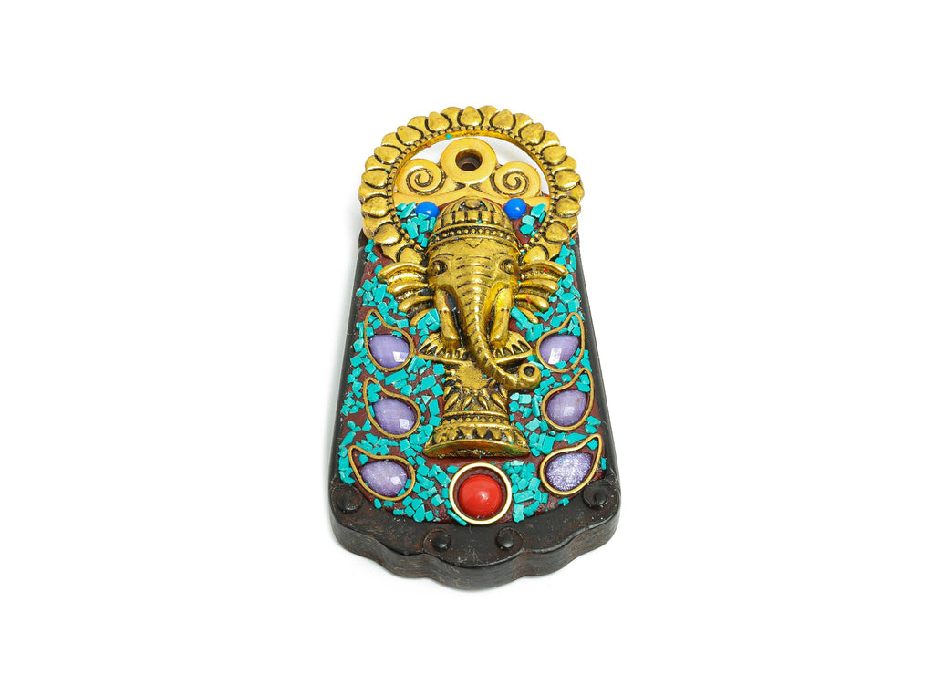 Sandalwood Elephant Pendant - Alloy Ethnic Style Trapezoid Necklace Pendant - Resin Nepalese Handmade Jewelry - 60.56x33.08x12.68mm -RGP9846 - DOMEDBAZAAR