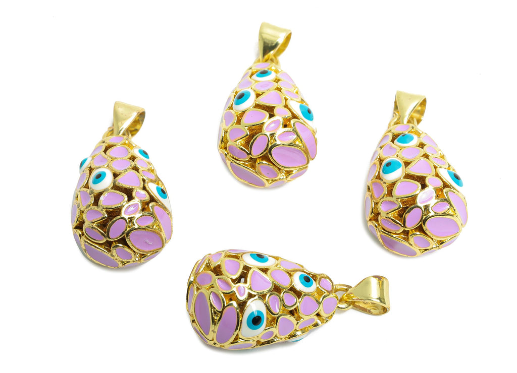 Brass Easter Eggs Pendant - Enamel CZ Hollow Evil Eye Necklace Pendant - Refined Gold Jewelry - 18K Gold Plated - 21.5x11.94x12mm - RGP9737 - DOMEDBAZAAR