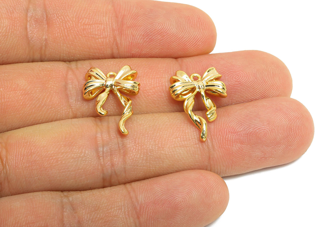 Brass Bowtie Earring Charms - Dainty Gold Bowtie Pendant for Necklace - Refined Jewelry DIY - 18K Real Gold Plated - 19.7x13.6x3.7mm-RGP9905 - DOMEDBAZAAR