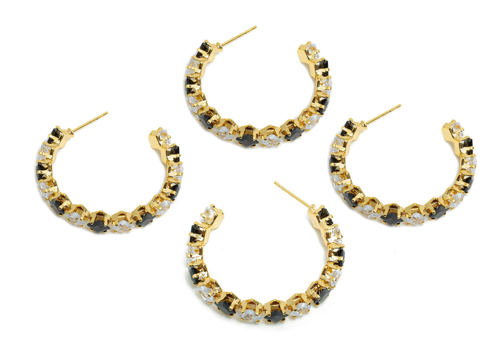 Sparkling C Hoop Post - Inlay Diamond Glass Earring Stud - Luxurious Gold Brass Jewelry - 18K Real Gold Plated Brass - 35x30x7mm - RGP9949 - DOMEDBAZAAR