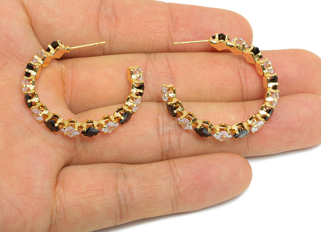Sparkling C Hoop Post - Inlay Diamond Glass Earring Stud - Luxurious Gold Brass Jewelry - 18K Real Gold Plated Brass - 35x30x7mm - RGP9949 - DOMEDBAZAAR