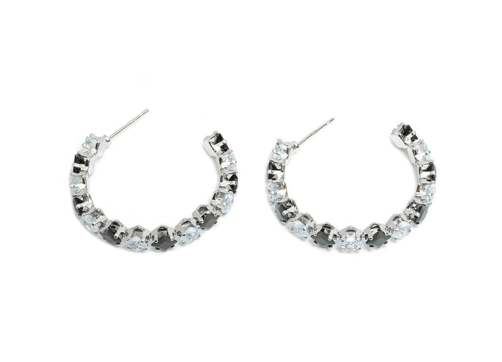 Sparkling C Hoop Post - Inlay Diamond Glass Earring Studs - Luxurious Silver Brass Jewelry - 18K White Gold Plating - 35x30x7mm - RGP9949S - DOMEDBAZAAR
