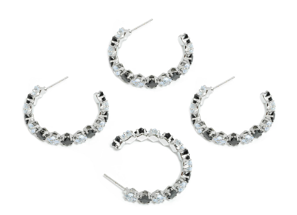 Sparkling C Hoop Post - Inlay Diamond Glass Earring Studs - Luxurious Silver Brass Jewelry - 18K White Gold Plating - 35x30x7mm - RGP9949S - DOMEDBAZAAR