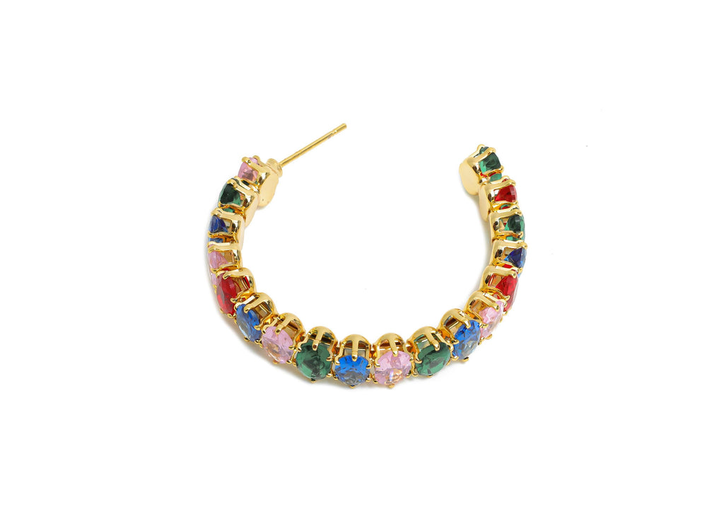 Sparkling C Hoop Post - Inlay Oval Colorful Glass Earring Stud - Luxurious Gold Brass Jewelry - 18K Real Gold Plated - 35.5x30x7mm - RGP9947 - DOMEDBAZAAR