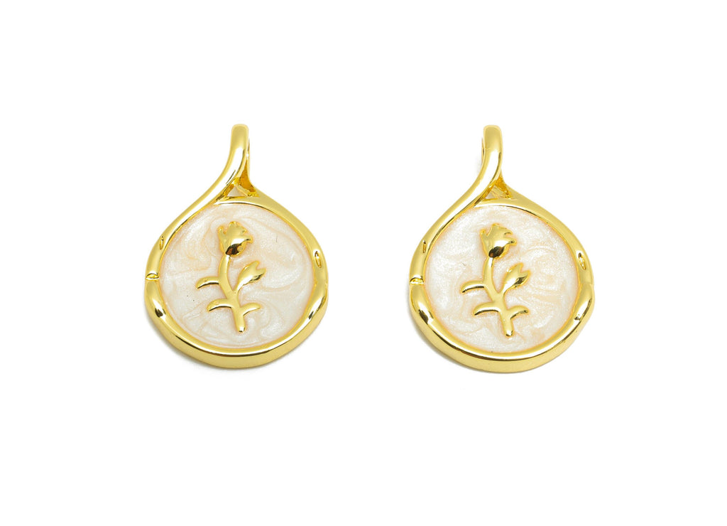 Brass Round Floral Pendant - Luxury Gold Enamel Flower Pendant - Elegant Necklace Jewelry - 18K Real Gold-Plated - 19x12.8x2.75mm - RGP10669 - DOMEDBAZAAR