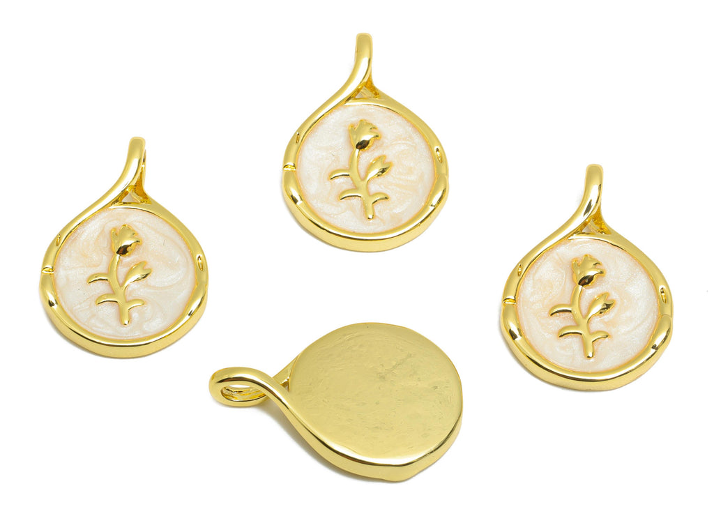 Brass Round Floral Pendant - Luxury Gold Enamel Flower Pendant - Elegant Necklace Jewelry - 18K Real Gold-Plated - 19x12.8x2.75mm - RGP10669 - DOMEDBAZAAR