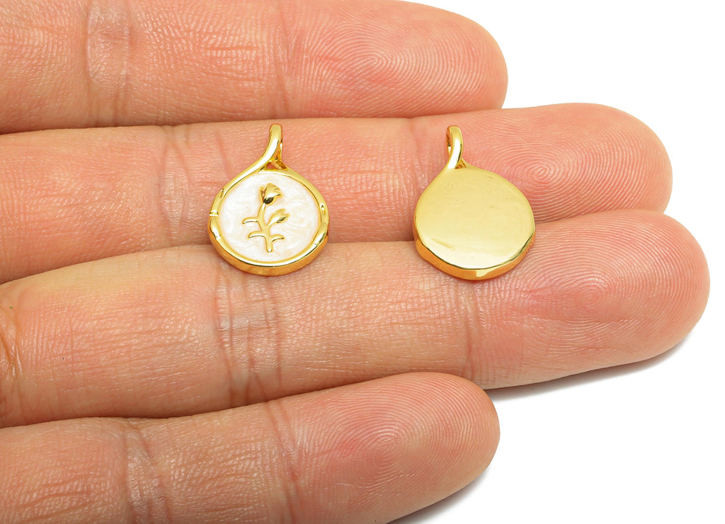 Brass Round Floral Pendant - Luxury Gold Enamel Flower Pendant - Elegant Necklace Jewelry - 18K Real Gold-Plated - 19x12.8x2.75mm - RGP10669 - DOMEDBAZAAR