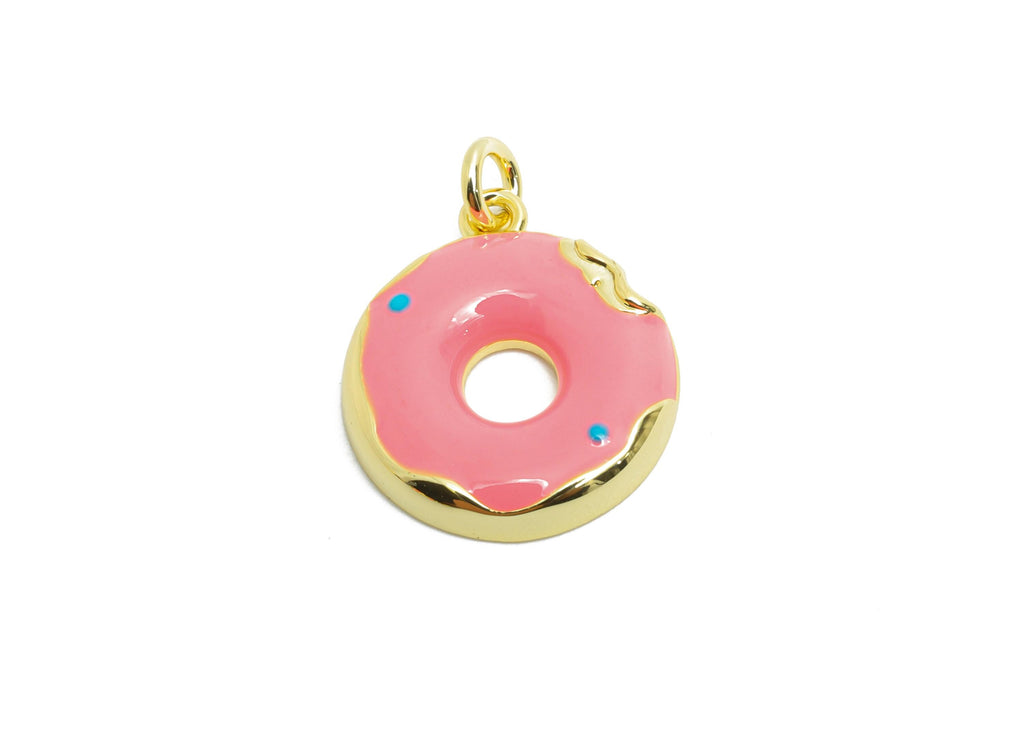 Brass Pink Donut Pendant - Colorful Enamel Dessert Pendant - Fun Necklace Jewelry DIY - 18K Real Gold-Plated - 15.72x13.6x2.44mm - RGP10576 - DOMEDBAZAAR