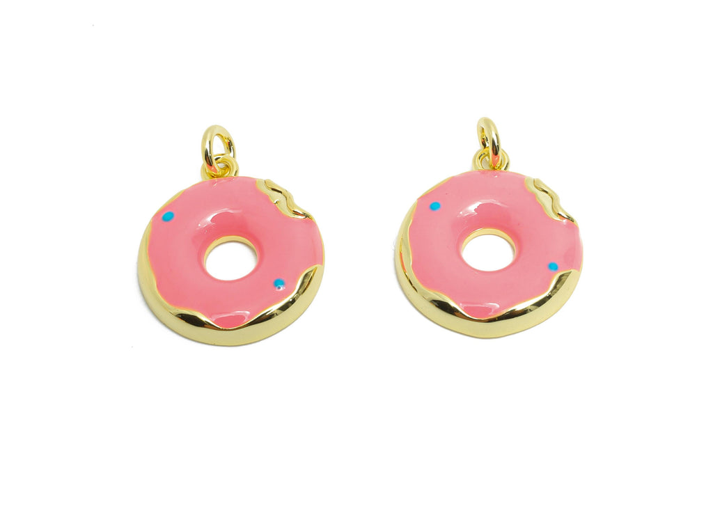 Brass Pink Donut Pendant - Colorful Enamel Dessert Pendant - Fun Necklace Jewelry DIY - 18K Real Gold-Plated - 15.72x13.6x2.44mm - RGP10576 - DOMEDBAZAAR