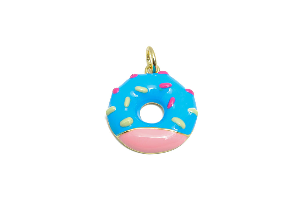 Brass Blue Donut Bracelet Charm - Colorful Enamel Dessert Pendant - Fun Jewelry Accessories - 18K Real Gold-Plated - 18x16.15x3mm -RGP10569C - DOMEDBAZAAR