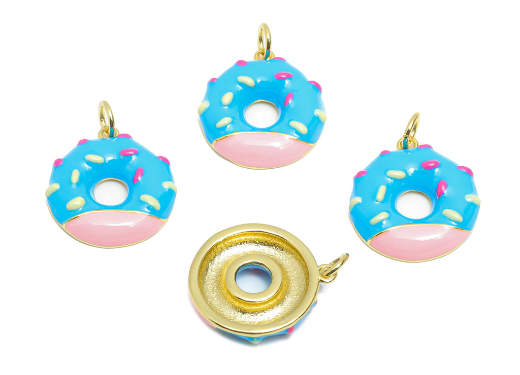 Brass Blue Donut Bracelet Charm - Colorful Enamel Dessert Pendant - Fun Jewelry Accessories - 18K Real Gold-Plated - 18x16.15x3mm -RGP10569C - DOMEDBAZAAR