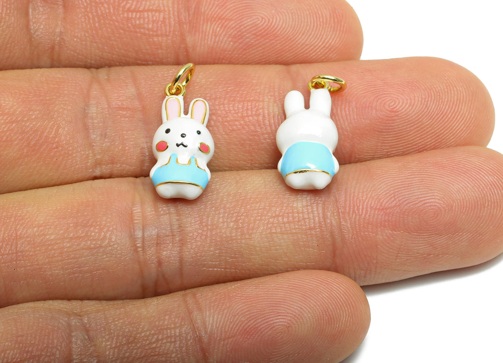 Brass Bunny Bracelet Charm - Fun Cartoon Enamel Bunny Charm - Animal Jewelry Accessories - 18K Real Gold-Plated - 18.6x8.11x6.7mm -RGP10592 - DOMEDBAZAAR