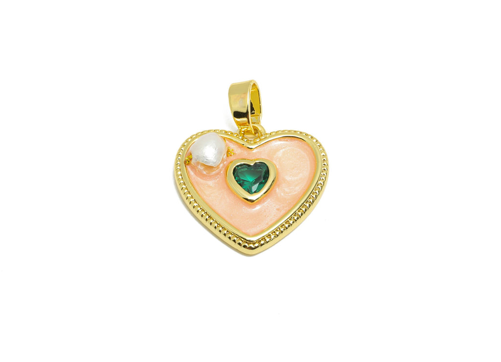 Pearl Heart Pendant - Brass Enamel Dainty with Pearl Charm - Classic Pearl CZ Heart Charm - 18K Real Gold Plated - 18x16.4x4.5mm - RGP10690 - DOMEDBAZAAR