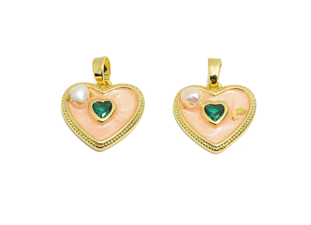 Pearl Heart Pendant - Brass Enamel Dainty with Pearl Charm - Classic Pearl CZ Heart Charm - 18K Real Gold Plated - 18x16.4x4.5mm - RGP10690 - DOMEDBAZAAR