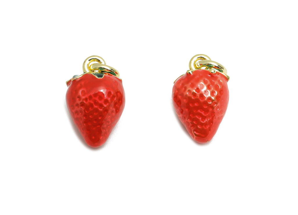 Brass Strawberry Bracelet Charms - Mini Enamel Fruit Charms - Jewelry Accessories DIY - 18K Real Gold-Plated - 11.48x7.03x7.03mm - RGP10594 - DOMEDBAZAAR