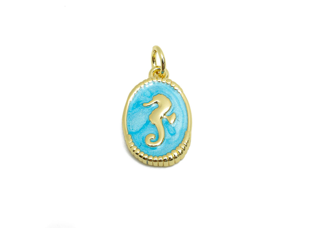 Brass Seahorse Charm - Marine Vintage Enamel Charm for Bracelet - Ocean DIY Crafting Jewelry - 18K Real Gold Plating - 17x10x2mm - RGP10559 - DOMEDBAZAAR