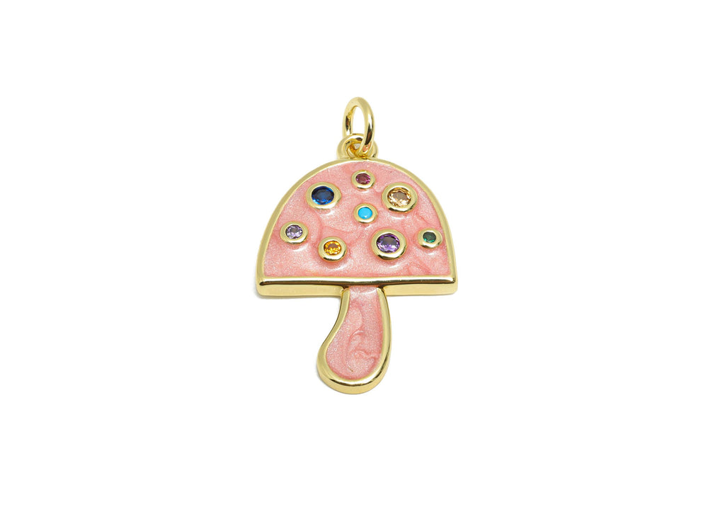 Brass Mushroom Earring Charm - Colorful Enamel Charm for Bracelet - Rainbow Cubic Zircon Charm - 18K Real Gold-Plated - 23x16x2mm - RGP10540 - DOMEDBAZAAR