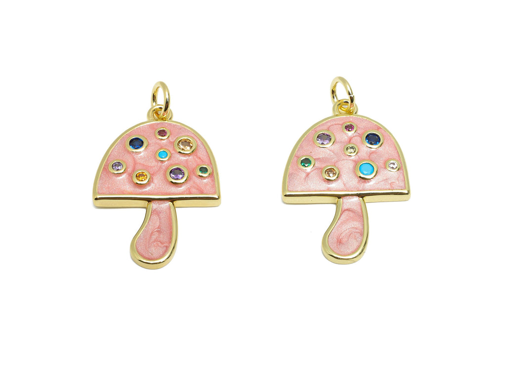 Brass Mushroom Earring Charm - Colorful Enamel Charm for Bracelet - Rainbow Cubic Zircon Charm - 18K Real Gold-Plated - 23x16x2mm - RGP10540 - DOMEDBAZAAR