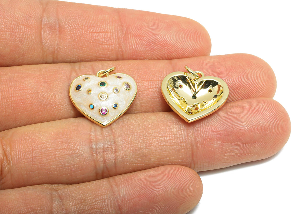 Brass Heart Earring Charm - Brass Enamel Charm for Necklace - Cubic Zircon Crafting Jewelry - 18K Real Gold-Plated - 17x18x4mm - RGP10542 - DOMEDBAZAAR