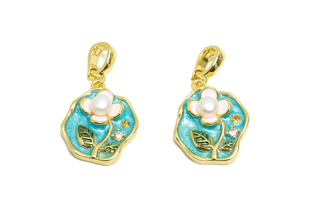 Enamel Pearl Floral Pendant - Chic Brass Zircon Pendant - Openable Necklace Pendant - Dainty Jewelry - 18K Gold Plated - 21x17x5mm -RGP10654 - DOMEDBAZAAR