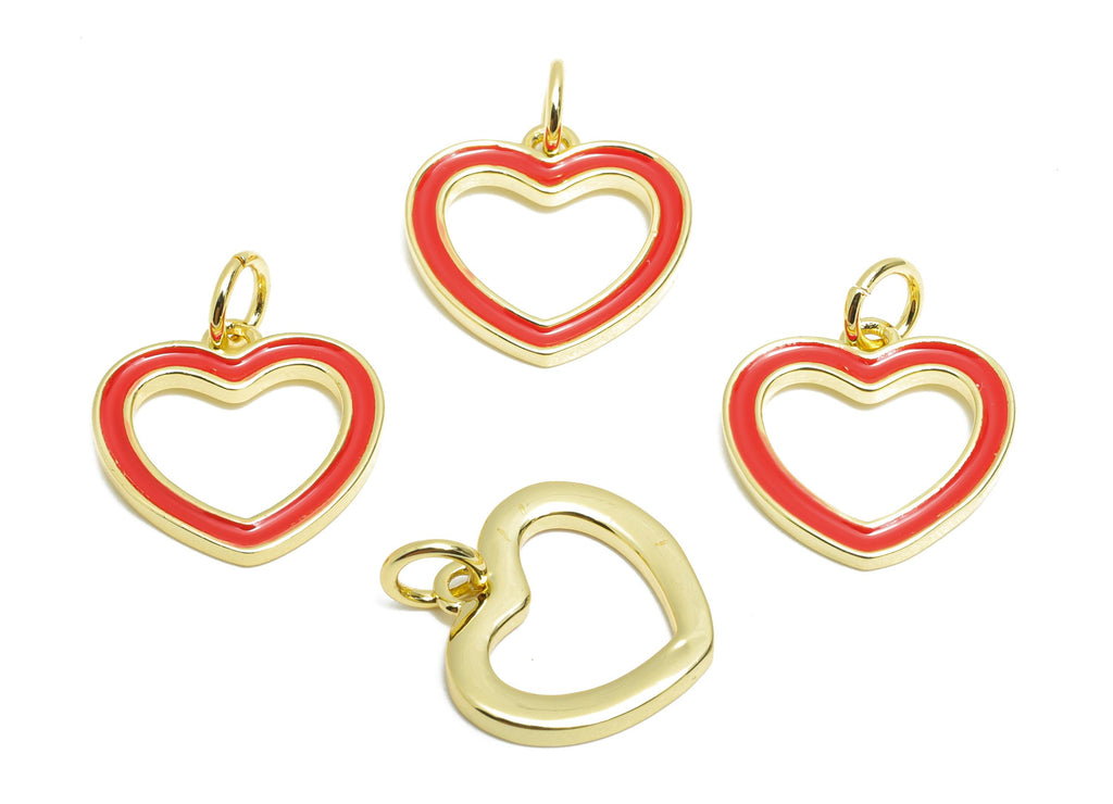 Modern Heart Ring Charm - Brass Enamel Heart Bracelet Charm - Gold Framed Heart Pendant - 18K Real Gold Plated - 13.73x14.15x4.62mm-RGP10589 - DOMEDBAZAAR