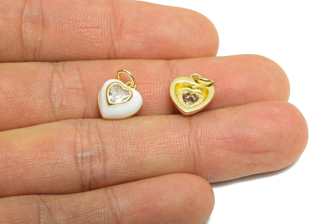 Brass Heart CZ Charm - Brass Dainty Enamel Cubic Zircon Charm - Mini Heart Earring Charm - 18K Real Gold Plated - 11x10x4.15mm - RGP10549 - DOMEDBAZAAR