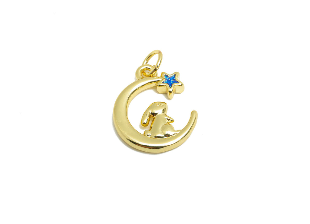Brass Crescent Charm - Brass Rabbit Enamel Charm - Gold Moon Fairy Tale World Earring Charm - 18K Real Gold Plated - 16x13x2mm - RGP10593 - DOMEDBAZAAR