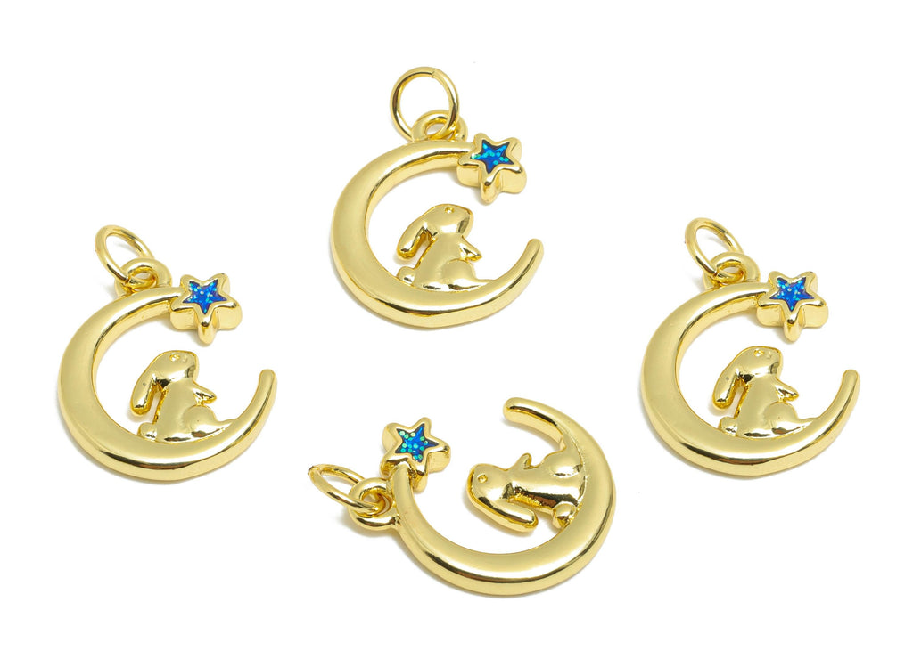 Brass Crescent Charm - Brass Rabbit Enamel Charm - Gold Moon Fairy Tale World Earring Charm - 18K Real Gold Plated - 16x13x2mm - RGP10593 - DOMEDBAZAAR