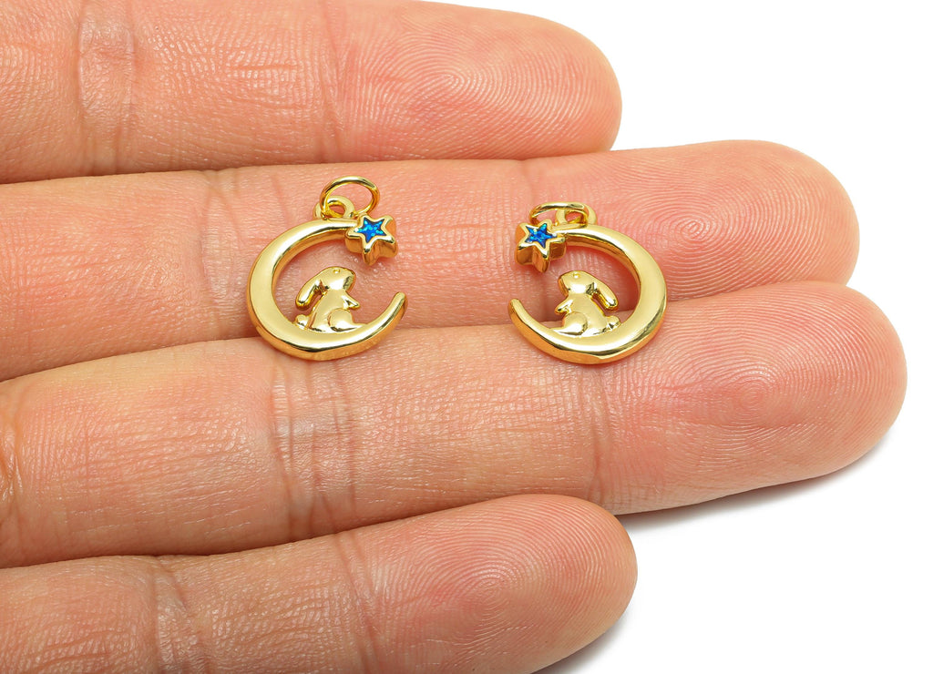 Brass Crescent Charm - Brass Rabbit Enamel Charm - Gold Moon Fairy Tale World Earring Charm - 18K Real Gold Plated - 16x13x2mm - RGP10593 - DOMEDBAZAAR