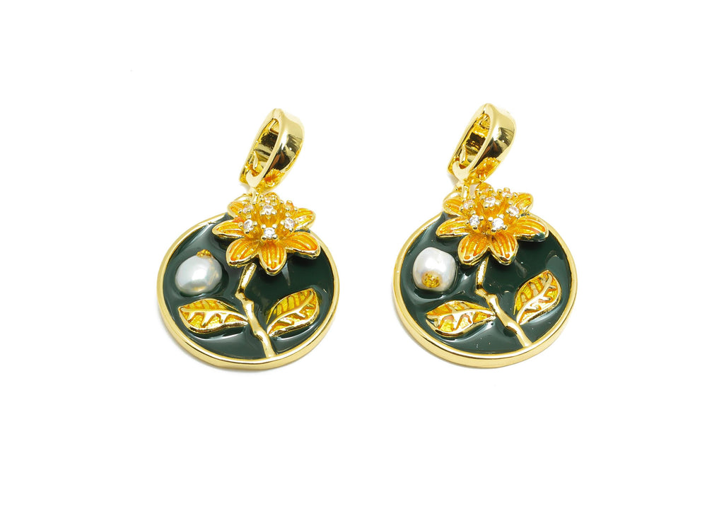 Enamel Pearl Floral Pendant - Chic Round Brass CZ Pendant - Openable Necklace Pendant - Dainty Jewelry -18K Gold Plated -19x17x6mm -RGP10665 - DOMEDBAZAAR