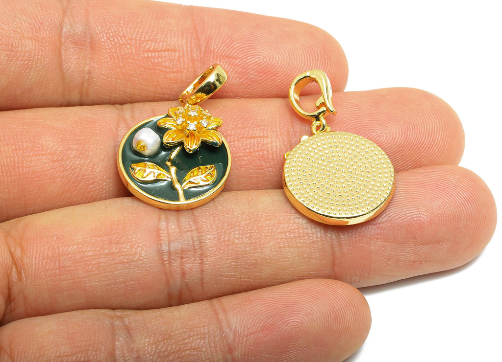 Enamel Pearl Floral Pendant - Chic Round Brass CZ Pendant - Openable Necklace Pendant - Dainty Jewelry -18K Gold Plated -19x17x6mm -RGP10665 - DOMEDBAZAAR
