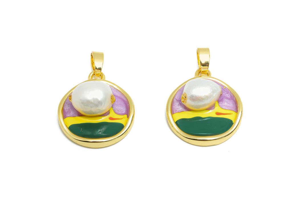 Pearl Round Pendant - Brass Enamel Dainty with Pearl Pendant - Chic Necklace Pendant - 18K Real Gold Plated - 19.2x16.5x7.57mm - RGP10644 - DOMEDBAZAAR