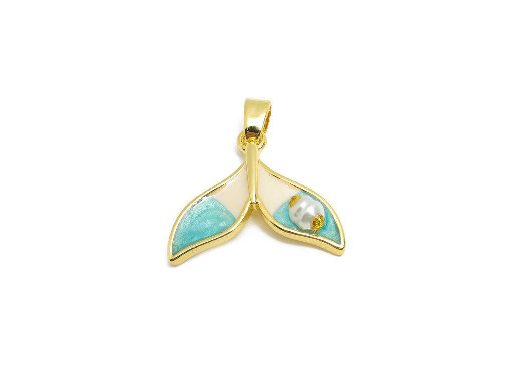 Brass Whale Tail Pendant - Brass Enamel Colorful Pendant - Gold Ocean Theme With Pearl - 18K Real Gold Plated - 16x13x2mm - RGP10650 - DOMEDBAZAAR