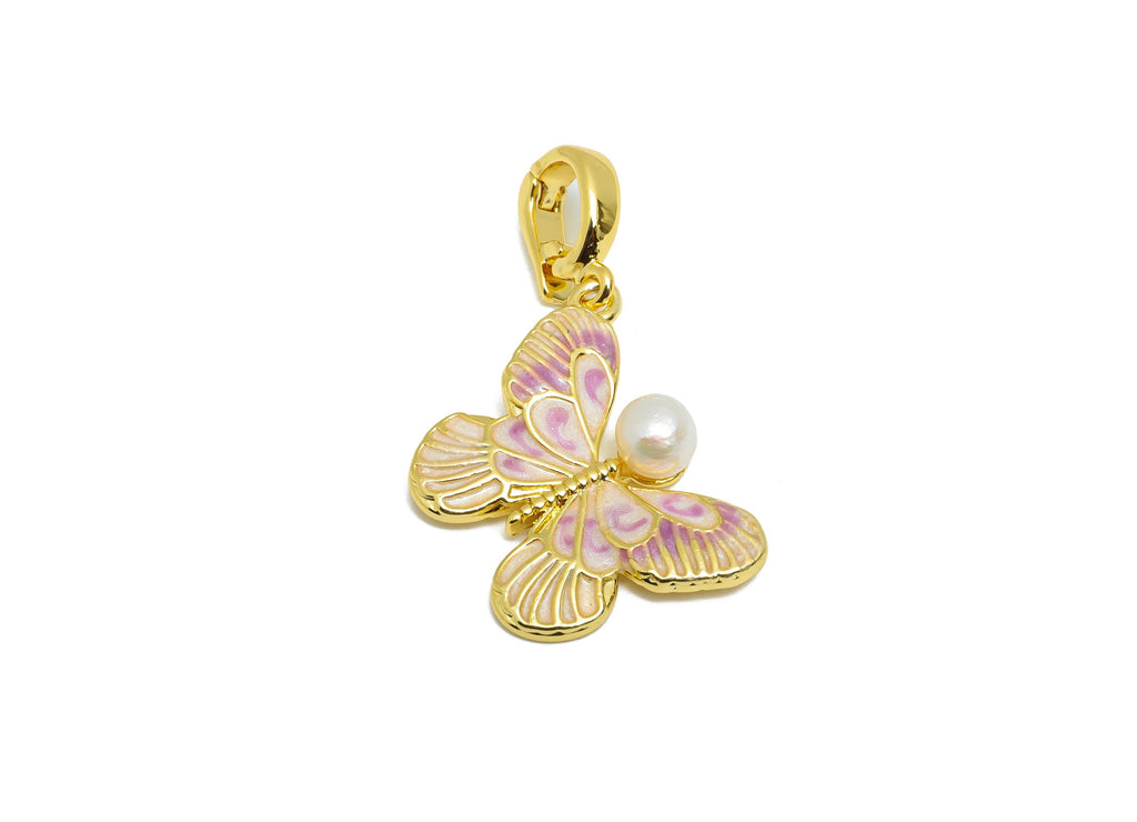 Pearl Butterfly Pendant - Brass Enamel Dainty Butterfly Pendant - Openable Necklace Pendant - 18K Real Gold Plated - 21x15.94x5mm - RGP10645 - DOMEDBAZAAR