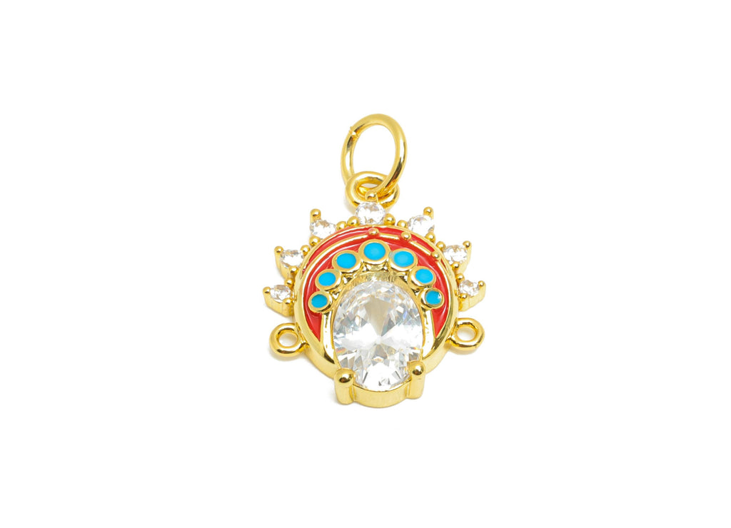 Brass Oval CZ Bracelet Charm - Dainty Enamel Chinese Opera Headdress Charm - Gold Special Jewelry - 18K Gold Plated - 16x12x4mm - RGP10543 - DOMEDBAZAAR